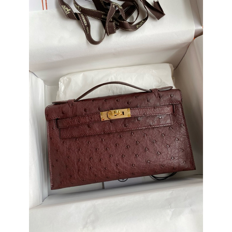 HM Ostrich Kelly Pochette Brown GHW