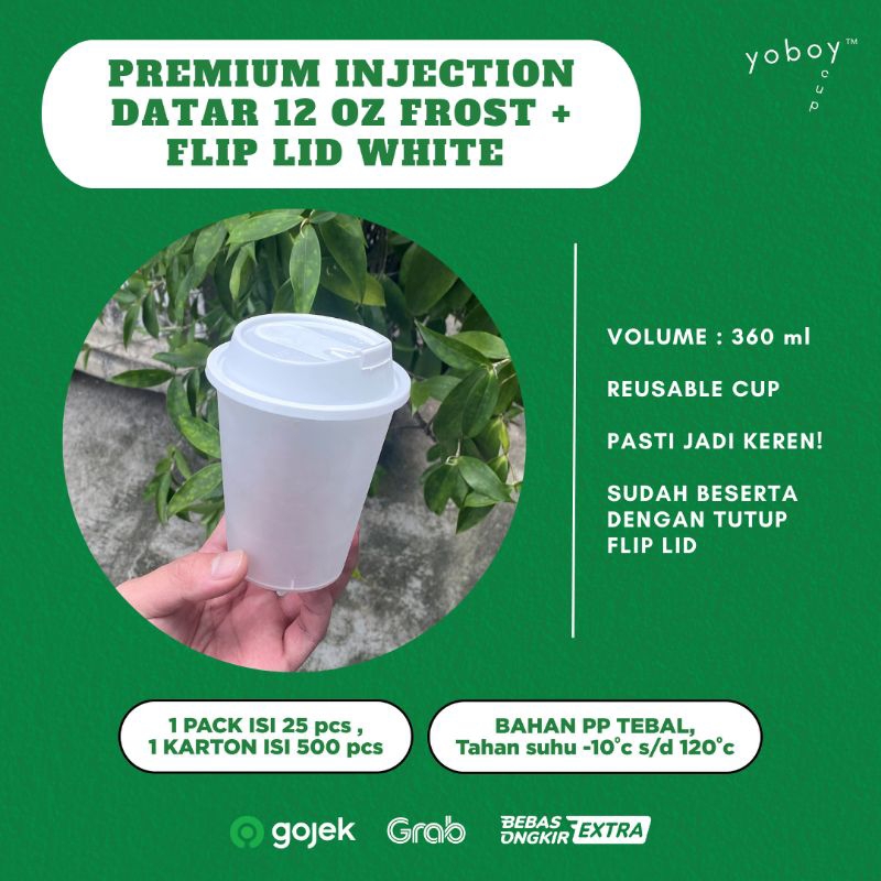 Gyouzi - CUP PREMIUM INJECTION DATAR 12oz FROST DOFF + TUTUP FLIP LID INJECTION BENING/HITAM/PUTIH