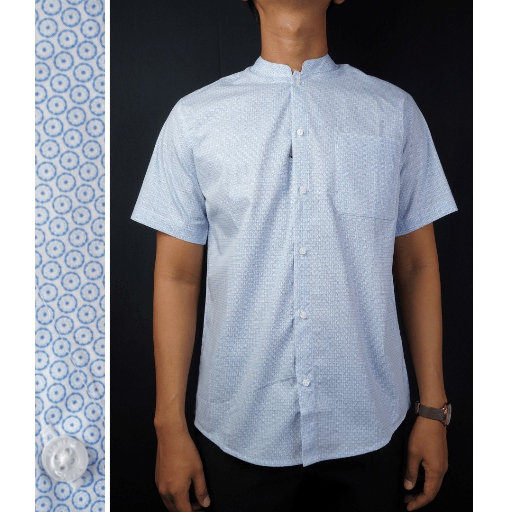 Baju Muslim Kemeja Koko Pria Lengan Pendek Stanley Adams Biru Muda Motif Bulat Bintik Kerah Shanghai