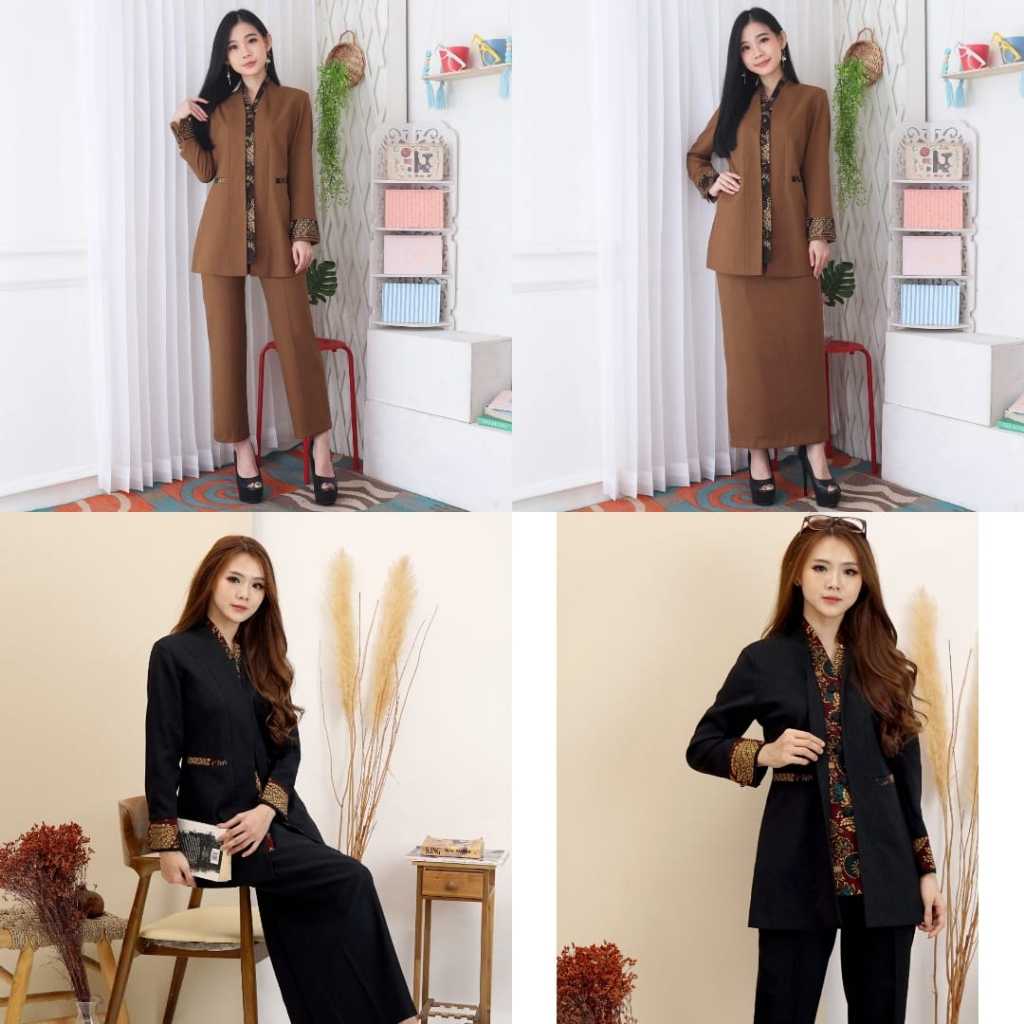 Seragam Guru PNS Batik Set Rok atau Celana Jas Pemda Wanita Batik Coklat Khaki / Hitam 5001