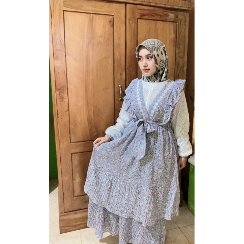 gamis rumbai bunga rok bawah plisket dan brukat bunga yang cantik