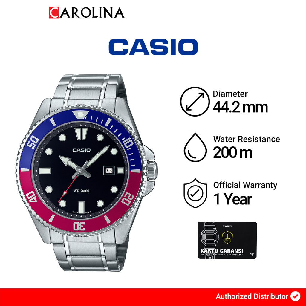 Jam Tangan Pria Casio Diver Marlin Duro MDV-107D-1A3 Black Dial Red and Blue Bezel with Stainless St