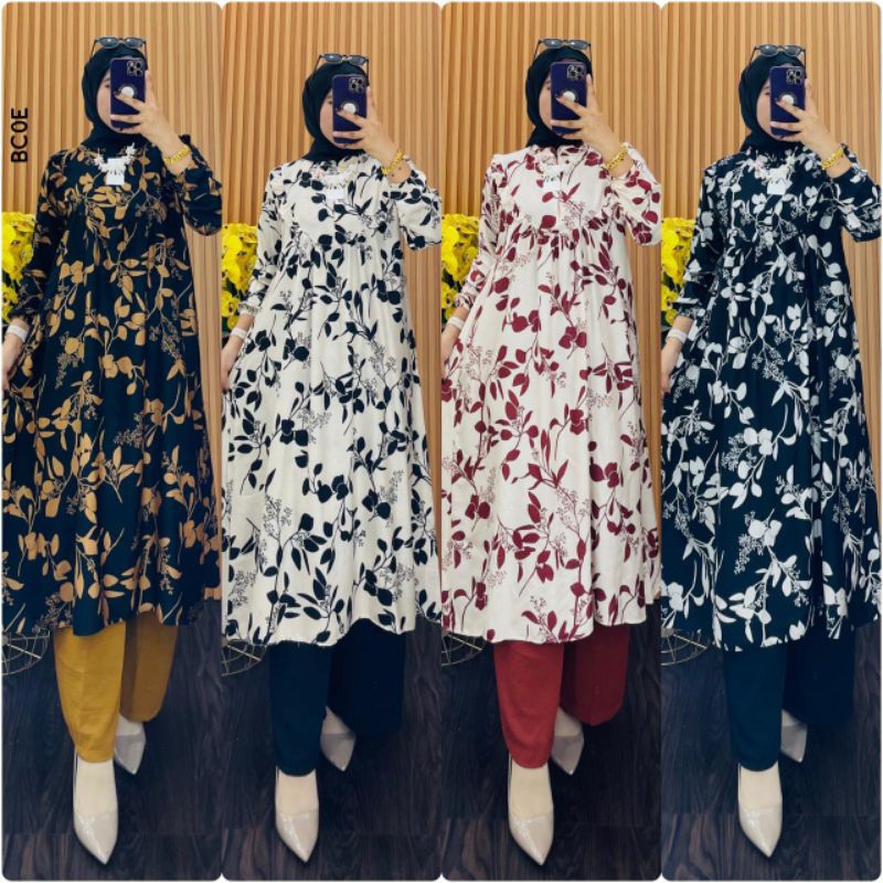 Set long tunik berbahan rayon motif bunga-bunga