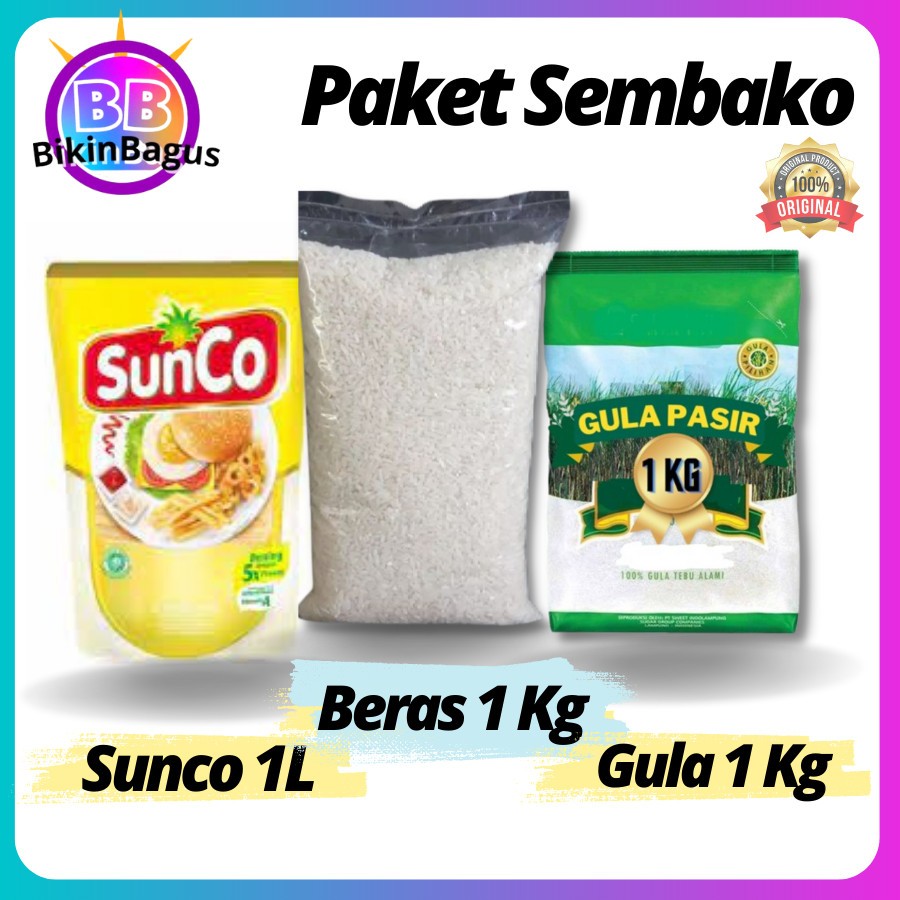 

Paket Sembako Sunco 1L Gula 1Kg Beras 1 Kg Mantul Murah