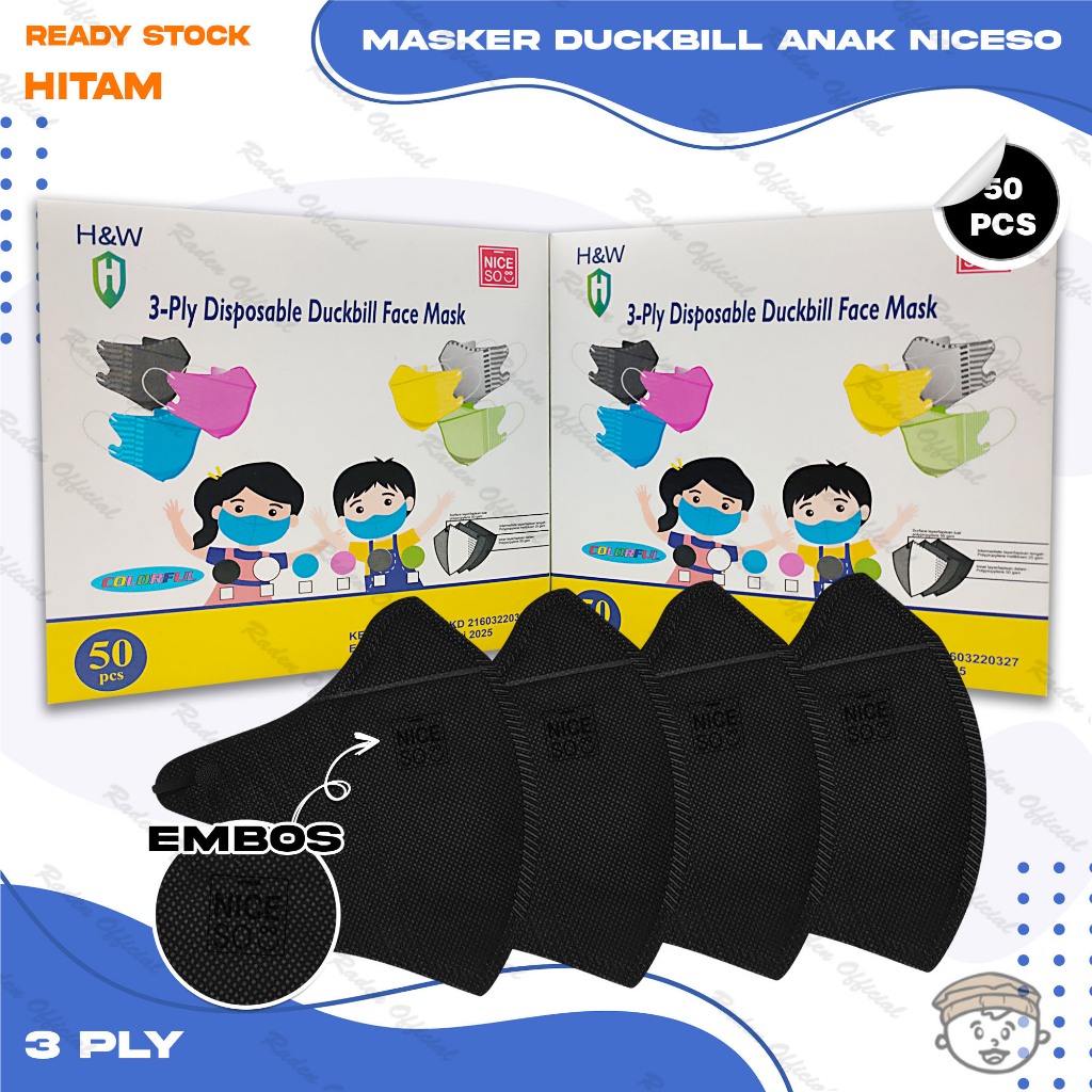 Masker Anak Duckbil NICESO 3Ply isi 50Pcs Warna Hitam Black Duckbill 3 Ply Earloop Surgical Mask Kem
