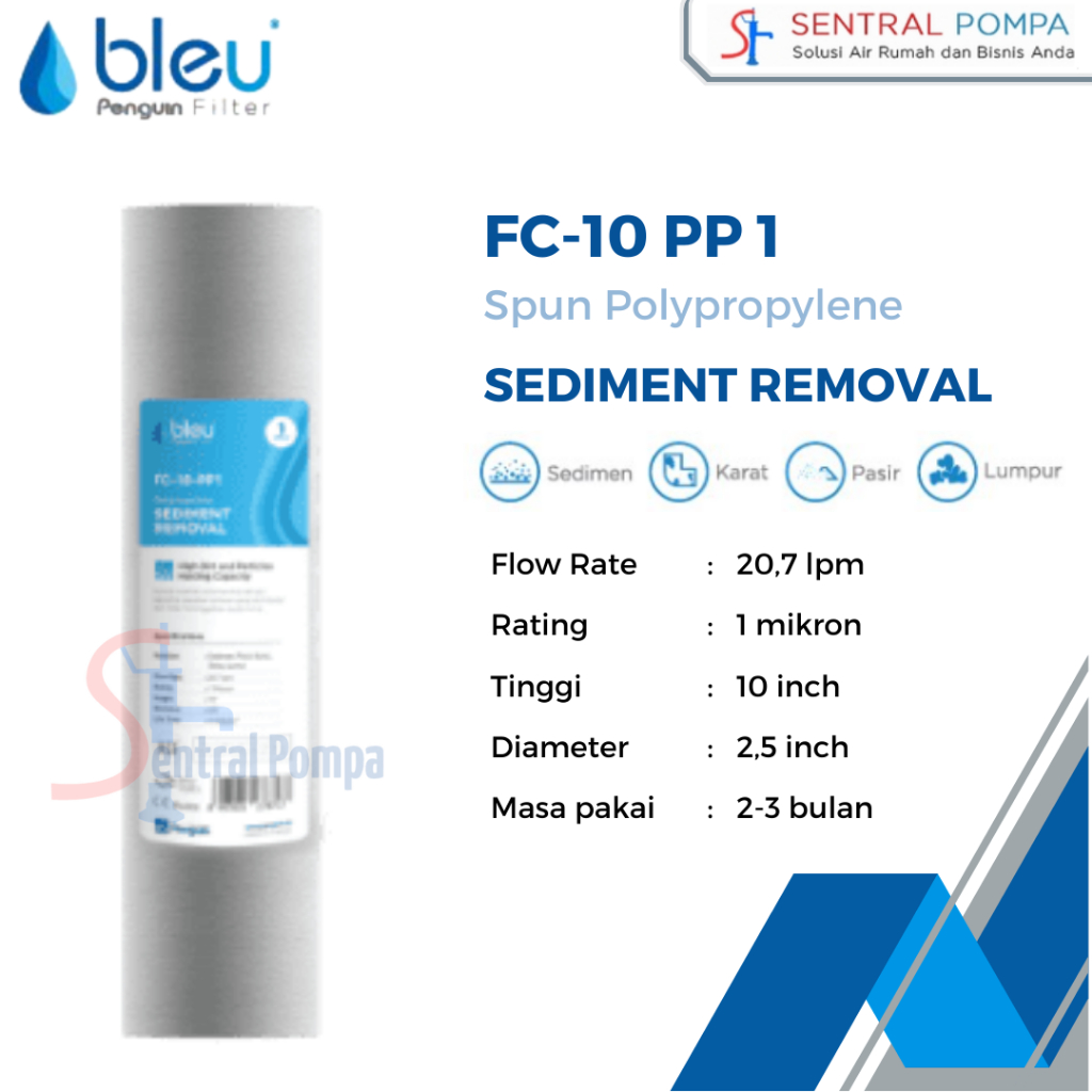 Cartridge Saringan Media Filter Air Penguin Bleu PP Sedimen 10" FC-10 1 mikron refill Filter | Sentr