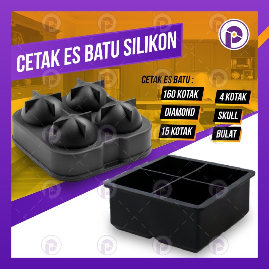Cetakan Es Batu Silikon Bulat, Cube, Skull, Kotak Kecil Besar, Diamond