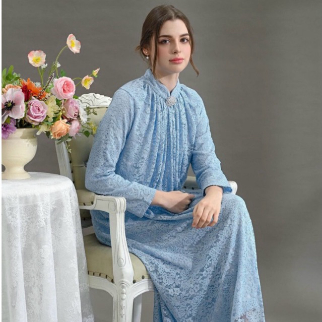 Kasa Heritage - Indira Dress | Dress Hari Raya Warna Biru Muda | Full brukat full furing | Gamis leb