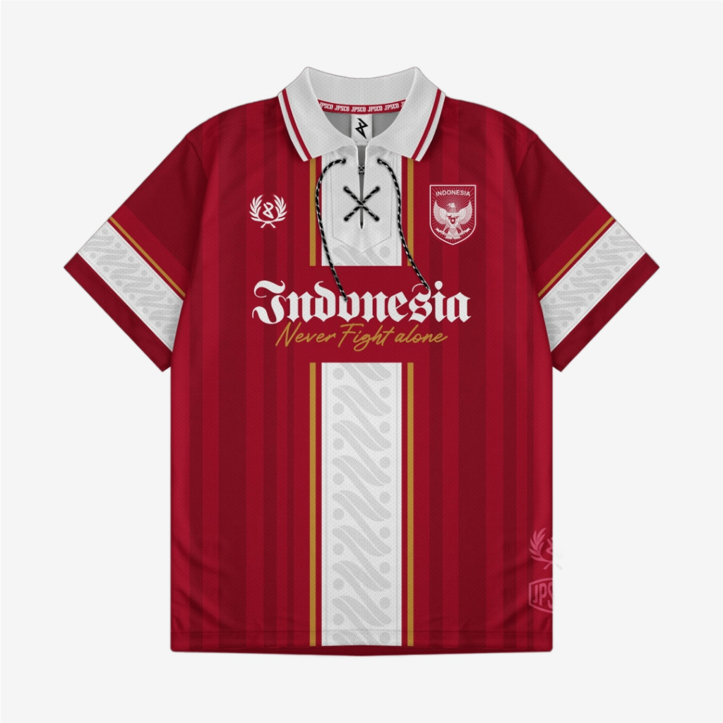 Jersey Indo Never Fight Alone Kaos Timnas Indonesia Retro Olahraga Sepakbola Futsal Dryfit