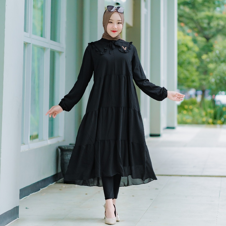 Midi Dress Ceruty Gamis Midi Ceruty Babydoll Full Furing Kerah Terbaru Gamis Putih Polos