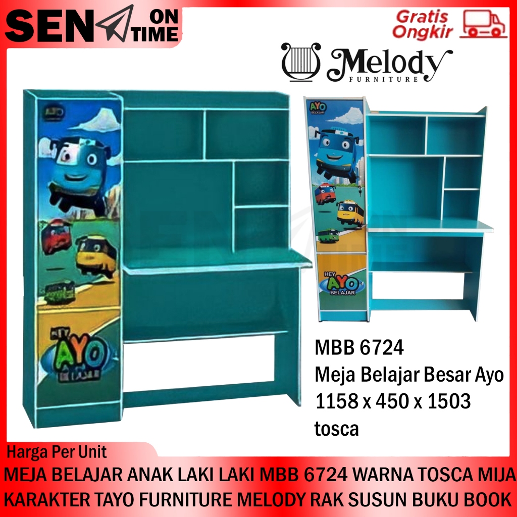 [Kargo] Meja Belajar Anak Laki Laki Mbb 6724 Warna Tosca Mija Karakter Tayo Furniture Melody Rak Sus