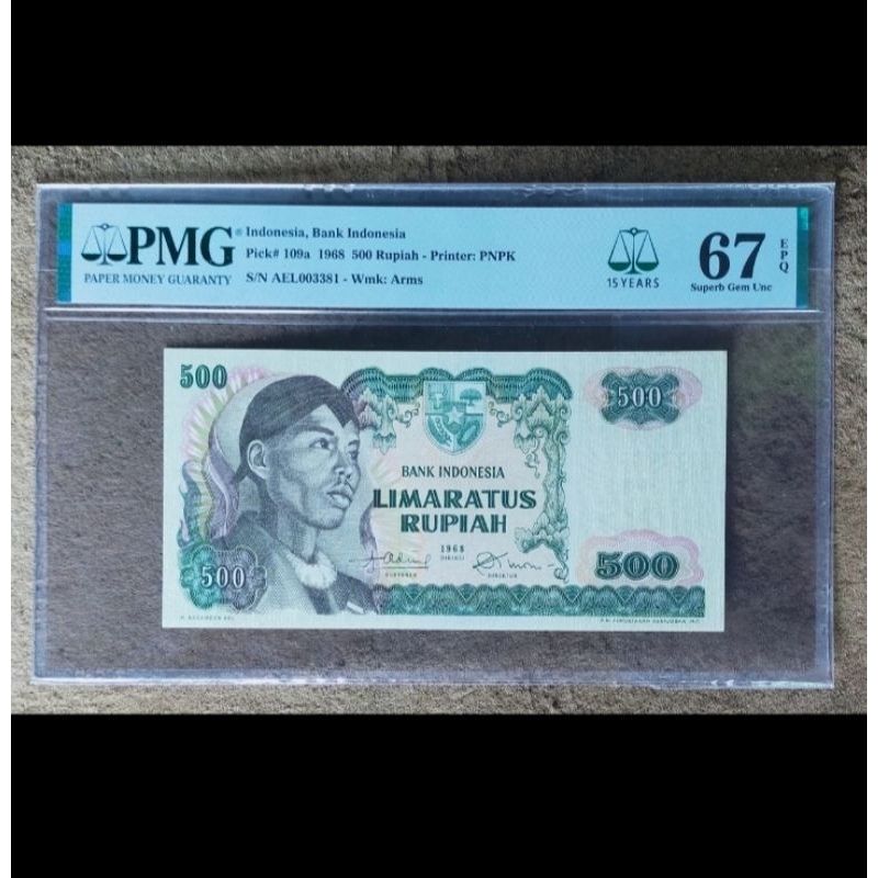 Uang Kuno 500 Rupiah Tahun 1968 Sudirman PMG 67 EPQ Langka 