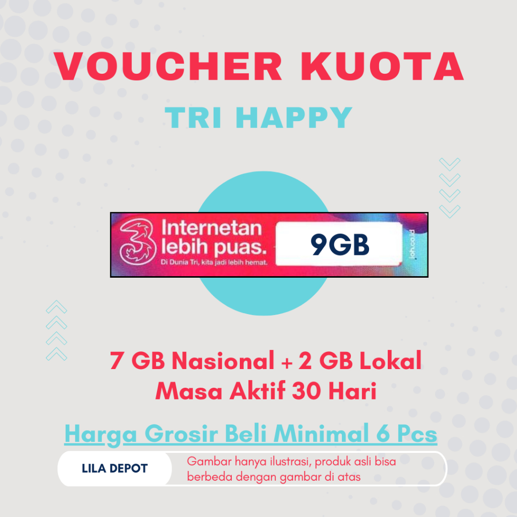 Voucher Data Fisik Tri/Three/3 Happy Kuota Nasional 7 GB + Kuota Lokal 2 GB; Masa Aktif 30 Hari: Har