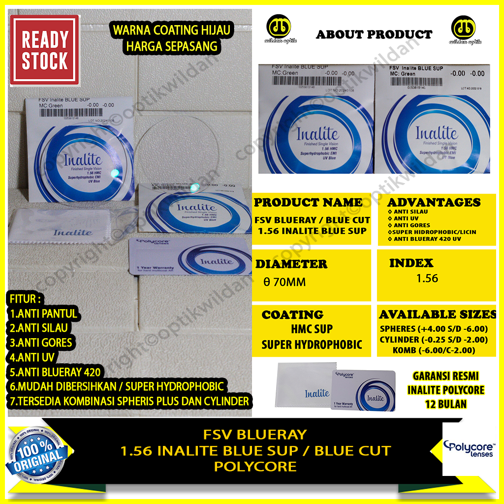 POLYCORE INALITE SINGLE VISION BLUE CUT/BLUERAY FSV 1.56 INALITE BLUE SUP