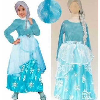 Gamis anak frozen Elsa dengan kerudung silver muslim hijab