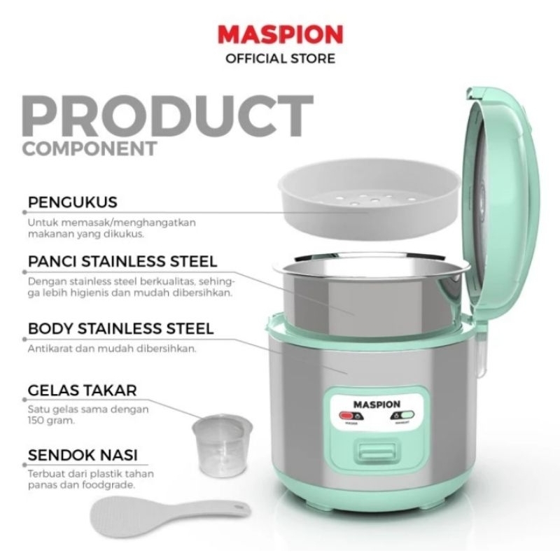 MAGIC COM MASPION MRJ-1003TSS RICE COOKER 1 LITER STAINLESS STEEL GARANSI RESMI MRJ 1003 TSS