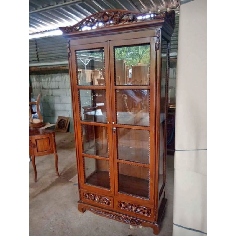 LEMARI KACA PALEMBANG UKIR KAYU JATI | ALMARI KACA UKIR LEMARI HIAS BUFET UKIR BUFET MINIMALIS FURNI