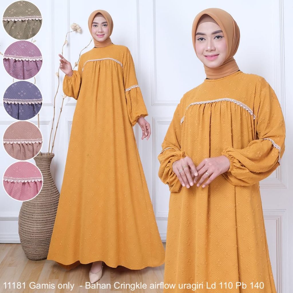 DISKON - KD 11181 (isi 2) ASYA Gamis Crinkle Airflow Uragiri Dot Embos Kotak Renda Import Lebar Mayu