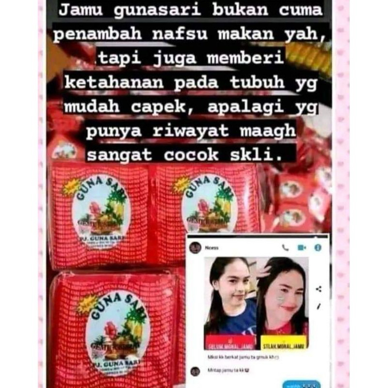 

GUNASARI ADALAH JAMU HERBAL PENGGEMUK BADAN 1 pack isi 30 bungkus ( free 1 bungkus jamu super sehat warna kuning )