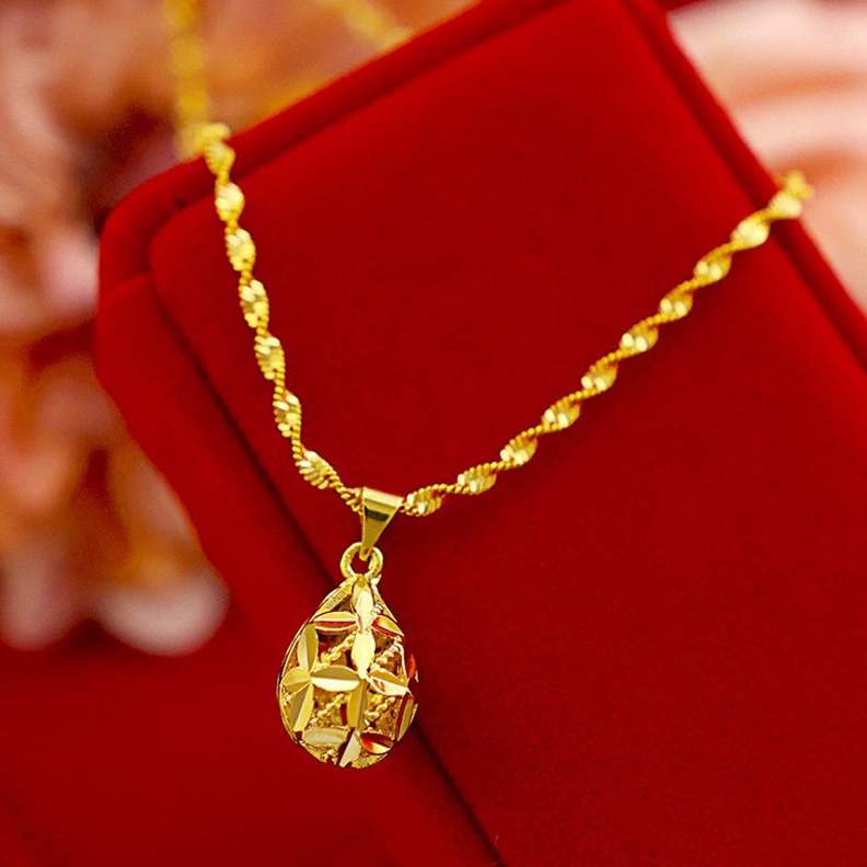COD Kalung Wanita 375 Emas 24K Disepuh Kalung Hollow Bulat Liontin Pernikahan Perhiasan Hadiah Premi