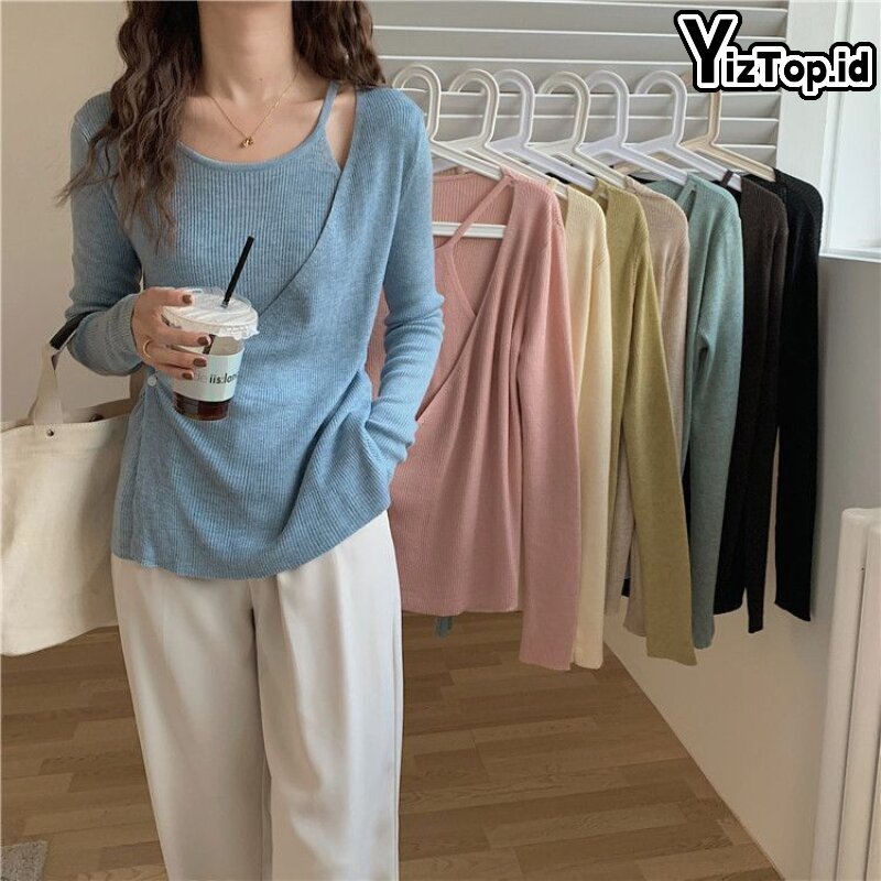 Yiztop - Baju Atasan Lengan Panjang Rajutan Dua Potong Palsu Wanita
