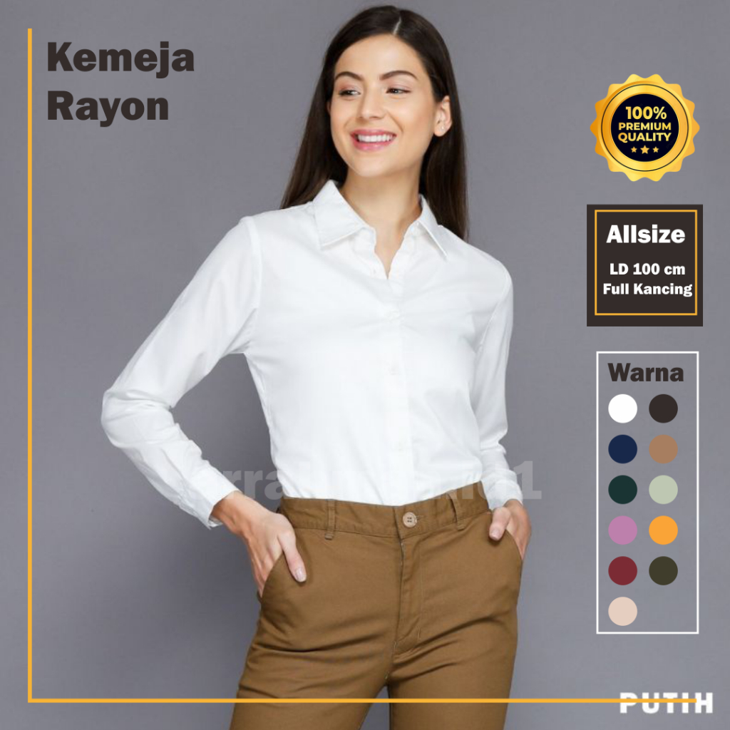 Kemeja Blouse Hem Polos Wanita Katun Rayon Putih Lengan Panjang Casual Monalisa Kekinian Baju Cewek
