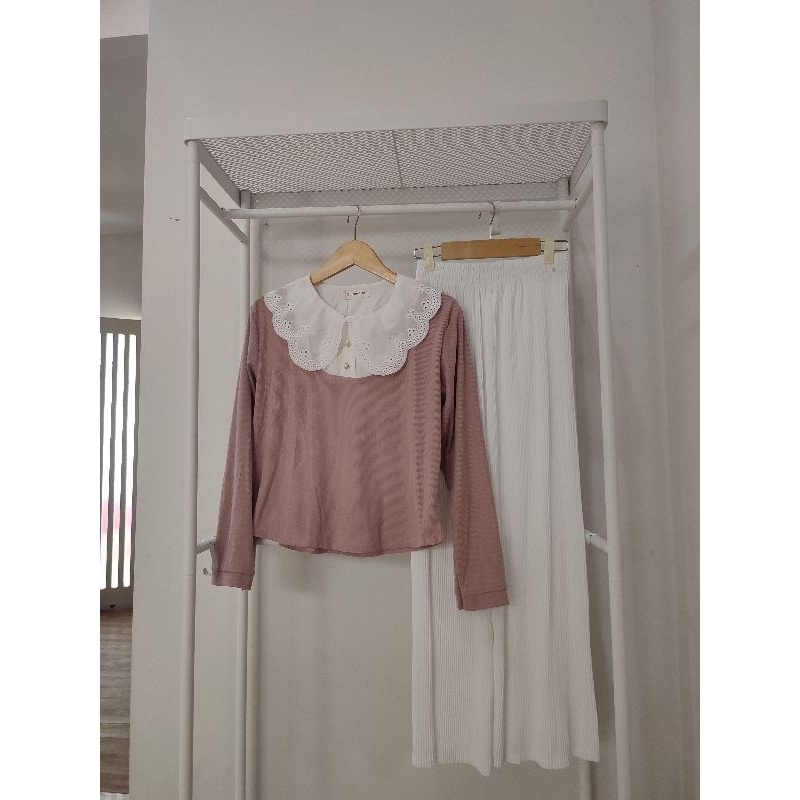 One set Panjang Korean Style Kemeja kerah sailor baby Corduray & celana kulot plisket impor Bangkok