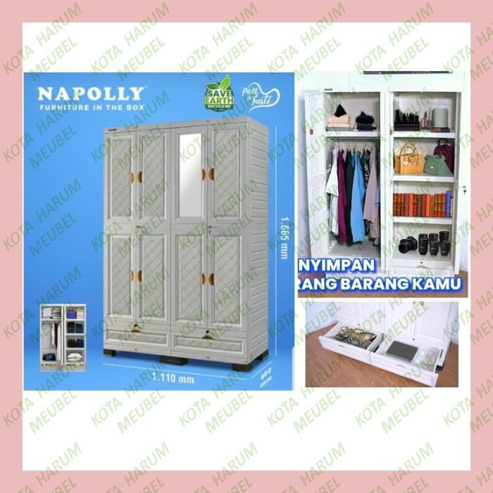 lemari baju pakaian cabinet plastik premium kualitas estetik jumbo besar napolly napoly 4 pintu 4p 1