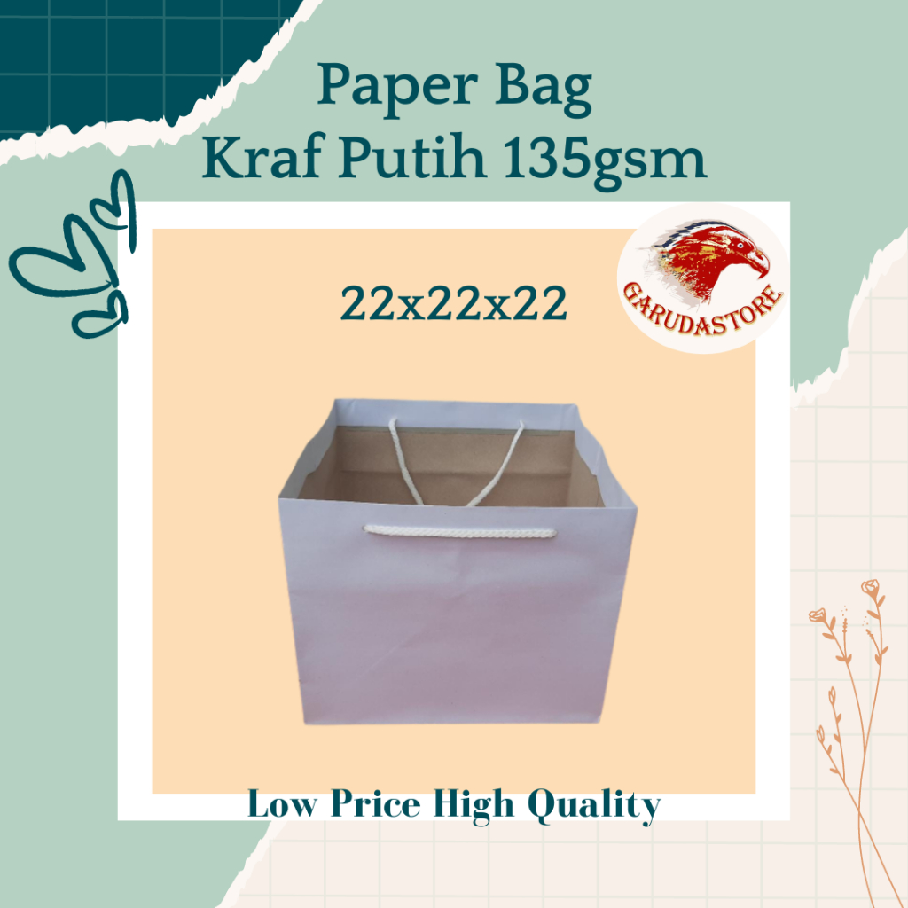 

Paper Bag Polos Putih Size 22x22x22 , Paperbag Custom , Paperbag Kotak Nasi Bahan Kraf Putih