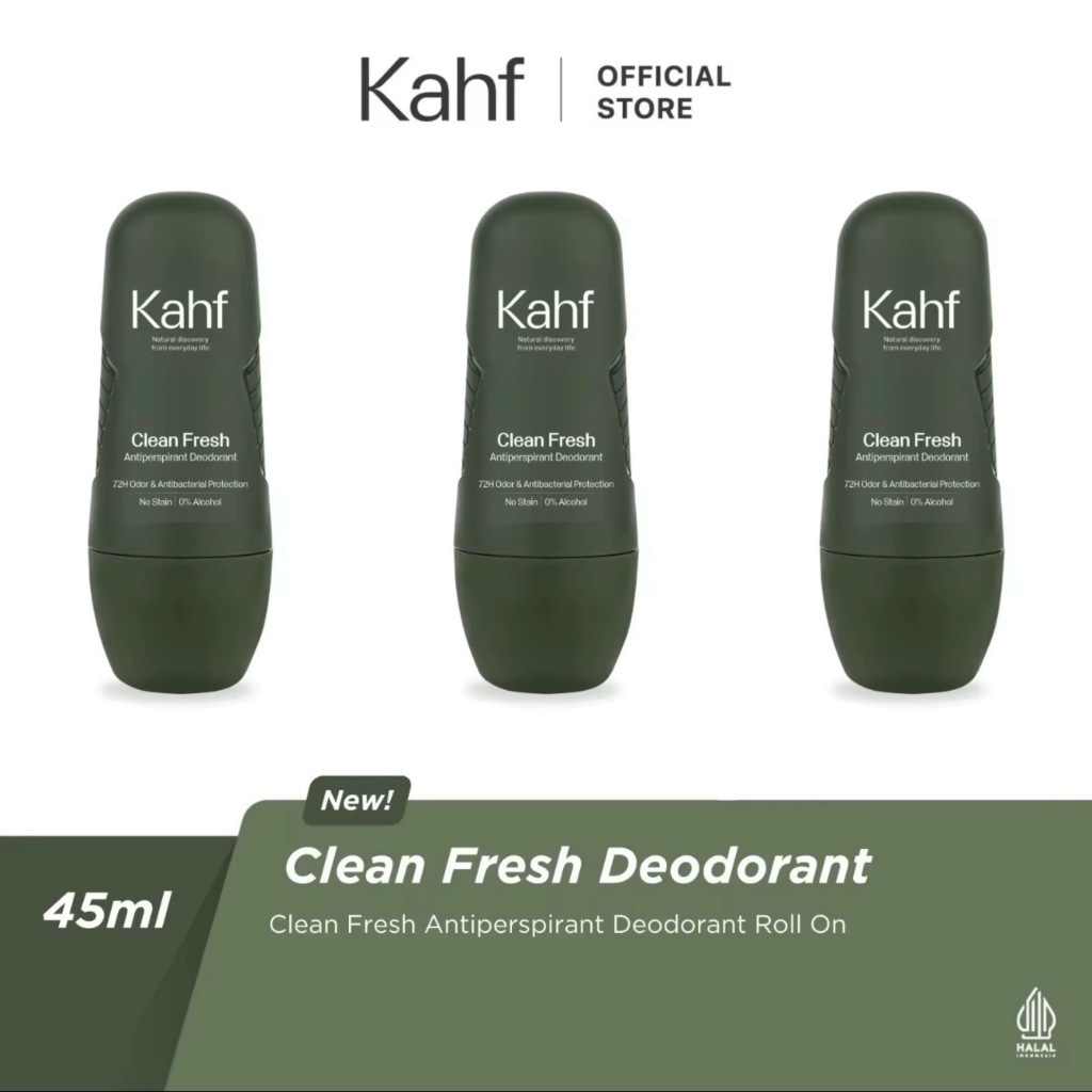 KAHF Clean Fresh Antiperspirant Deodorant Roll On Triple Pack / Indonesia Paket Deodorant Pria 45ml 