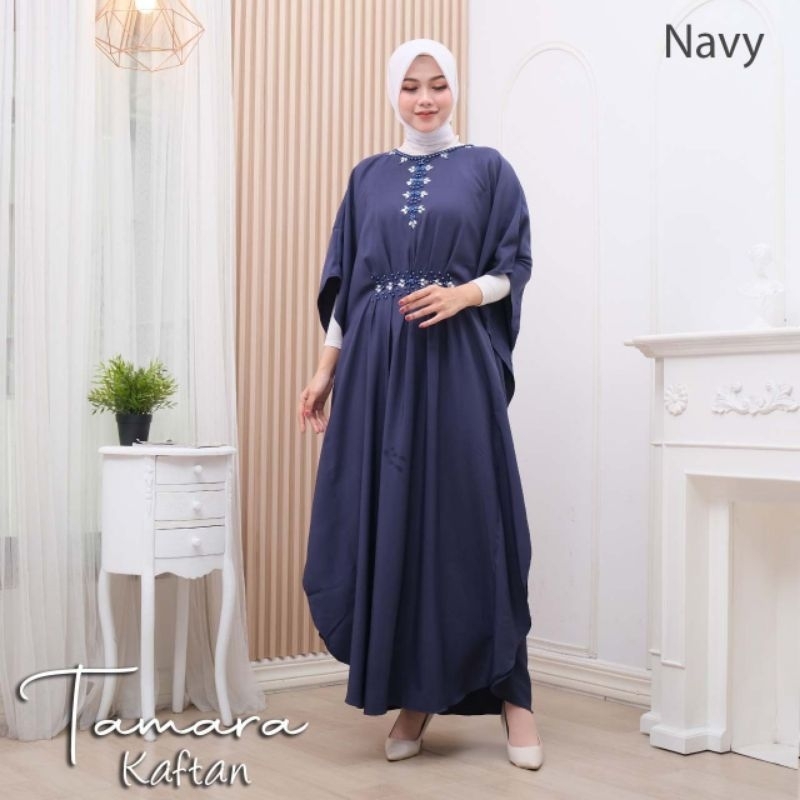 AS TAMARA KAFTAN POLOS - Kaftan Batu Permata Payet Putih Elegan Busana Muslim Wanita Lebaran Kondang