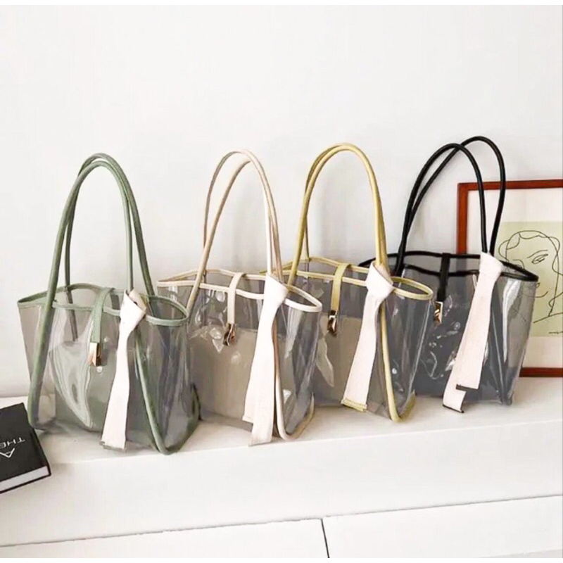Tote Bag NV PVC Bening Tas Bahu Mika Totebag Transparan Fashion Korea (TANPA Twilly/Syal/Pita)