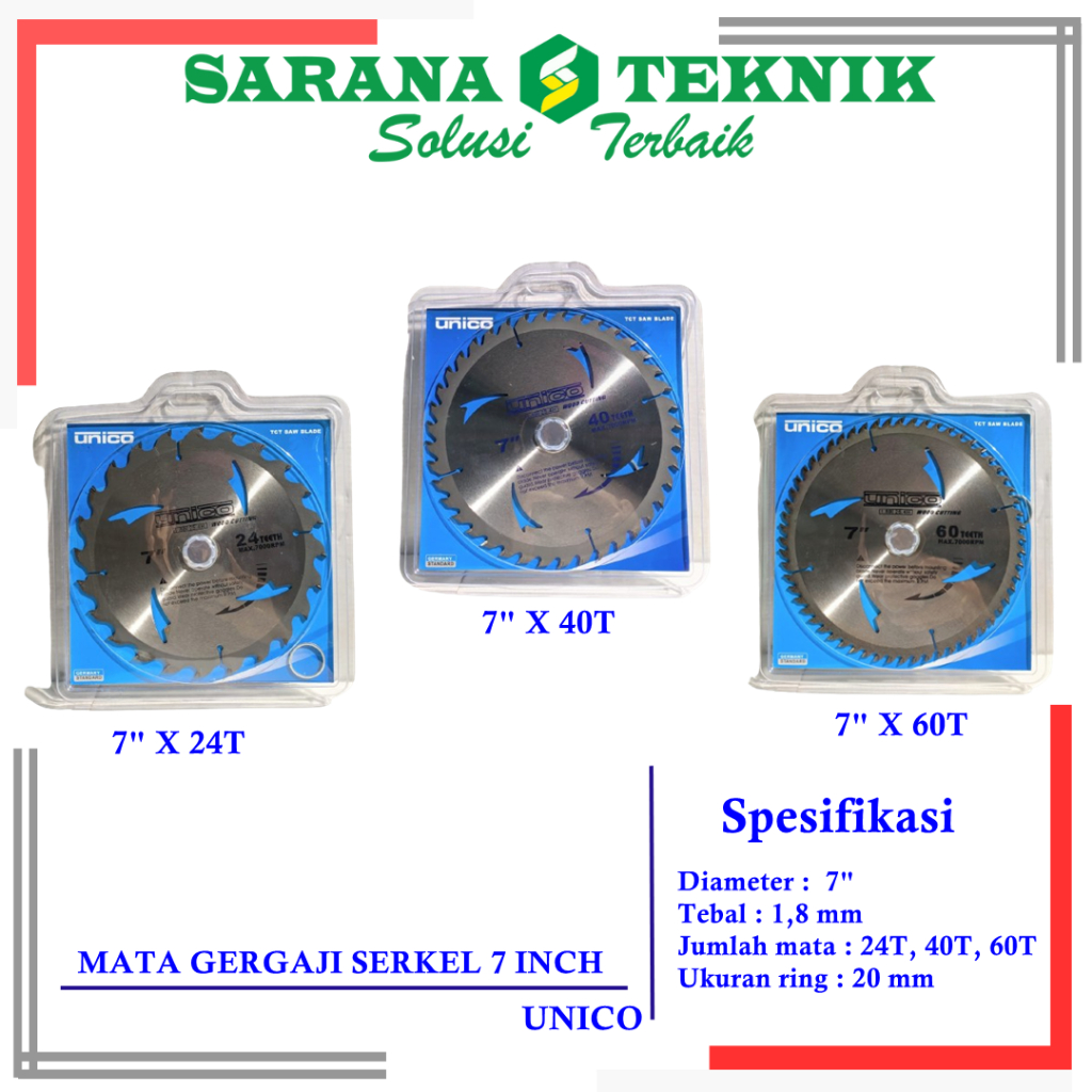 MATA GERGAJI SERKEL KAYU 7 INCH GIGI 24T, 40T, 60T UNICO THIN kualitas menengah