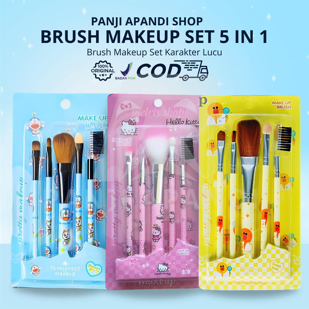 Makeup Brush Set 5 in 1 Karakter Lucu + Cermin, Kuas Make Up Lengkap untuk Pemula & Profesional