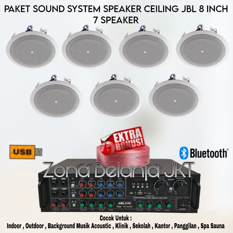 PAKET SOUND SYSTEM INDOOR CAFE RESTO RUANGAN SPEAKER JBL 8 INCH 7 SPEAKER AMPLIFIER USB BLUETOOTH MU