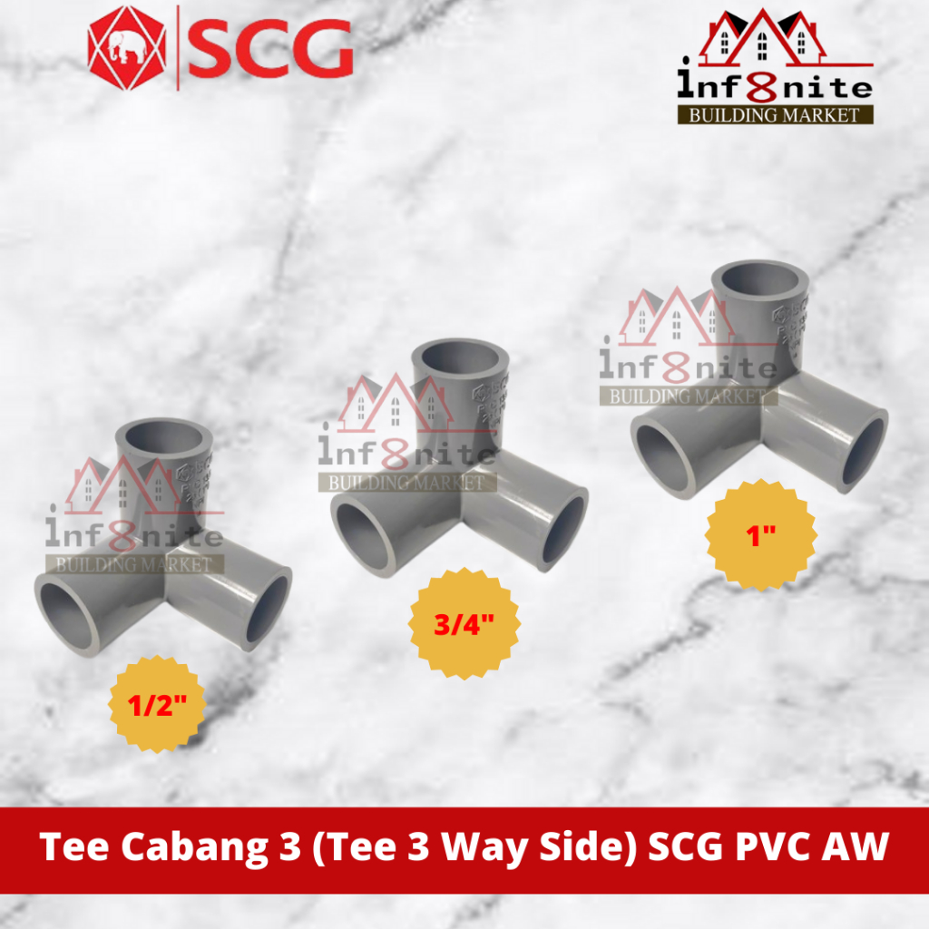 T 3 Way Side Tee Cabang 3 Sudut SCG SCG Pvc AW 1/2" 3/4" 1" Inch