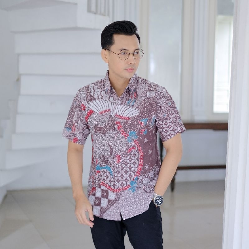 Warna Ungu Soft Baju Batik Pria Slimfit Lengan Pendek Lapis Furing Motif Ranggatuk Kemeja Batik Pria