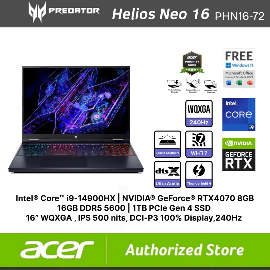Acer Predator Helios Neo 16 PHN16-72-97QT RTX4070 8GB Intel I9-14900HX 16GB 1TB SSD 16″ 240HZ 100DCIP3 4ZRGB