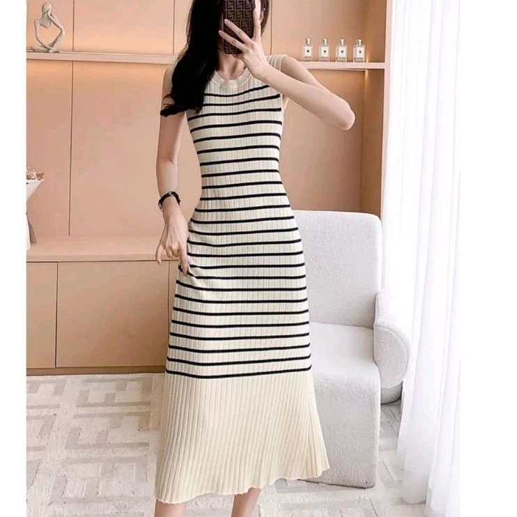 D8378 Baju mididress ROANA STRIPED RAJUT KNIT MIDI DRESS HALTER neck bodycon dres lengan kutung baju