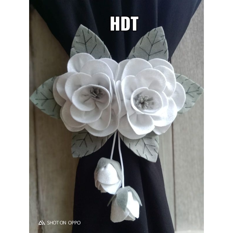 ikat gorden bunga mawar putih putik abu daun abu muda/ikat horden bisa pilih warna /pengikat hordeng