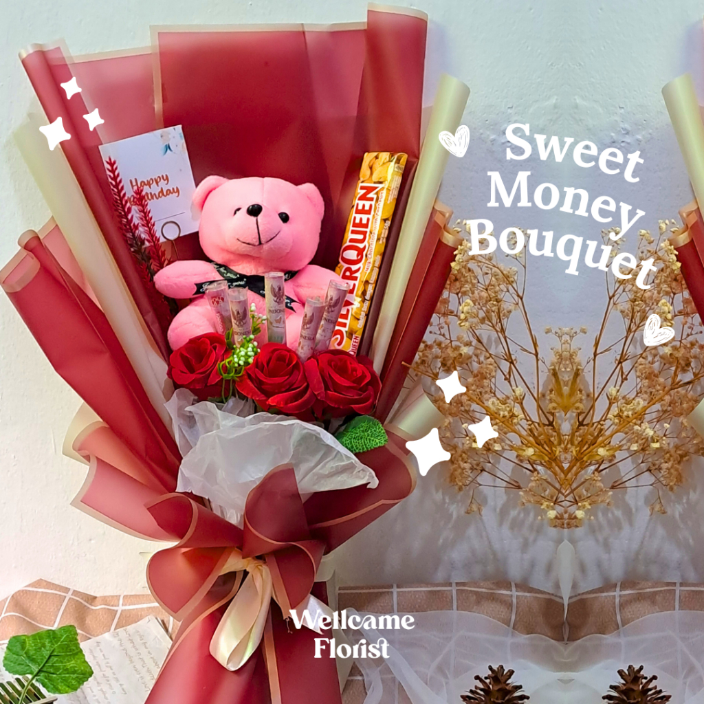 [Wellcame.Florist] Bucket Coklat Uang Bunga Beruang | Flower Bouquet | Buket Ulang Tahun | Wisuda | Graduation | Birthday | Gift | Cewek | Cowok