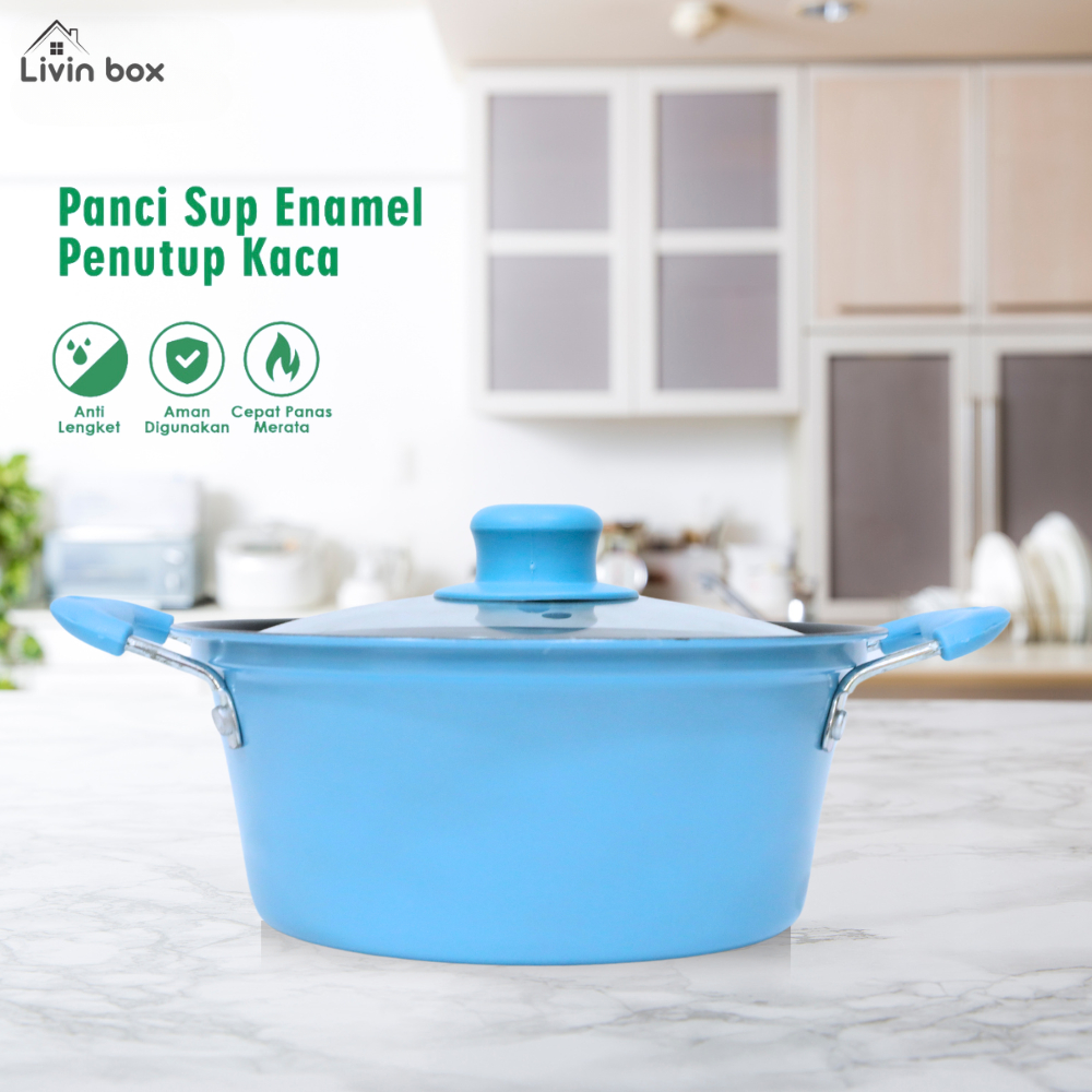 LIVINBOX Panci Sup Tutup Kaca | Soup Pot Panci Susu Enamel | Panci Enamel Warna Anti lengket Panci