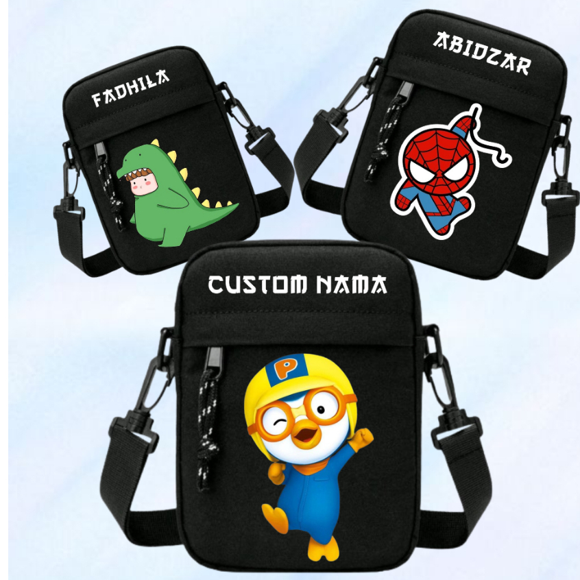 Tas Selempang Anak Custom Nama GRATIS - Tas anak Karakter terbaru - Tas Slempang Anak Karakter lebar
