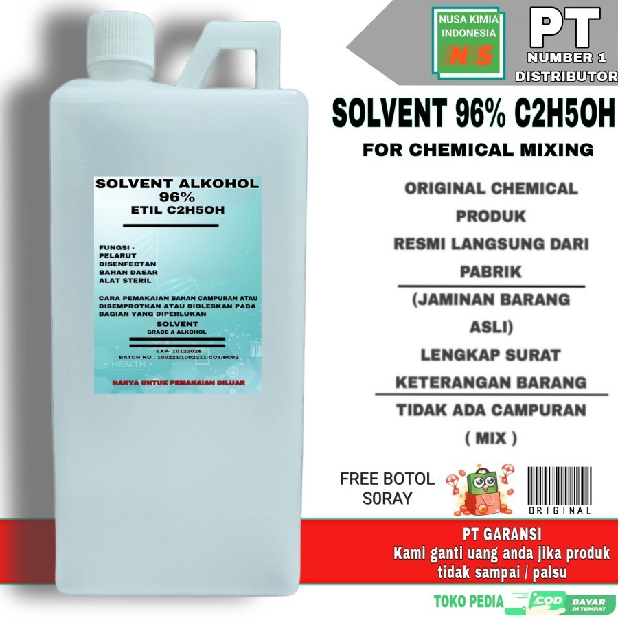 ALKOHOL 96% 1 LITER FOOD GRADE SOLVENT / FOOD GRADE ALKOHOL CHEMICAL