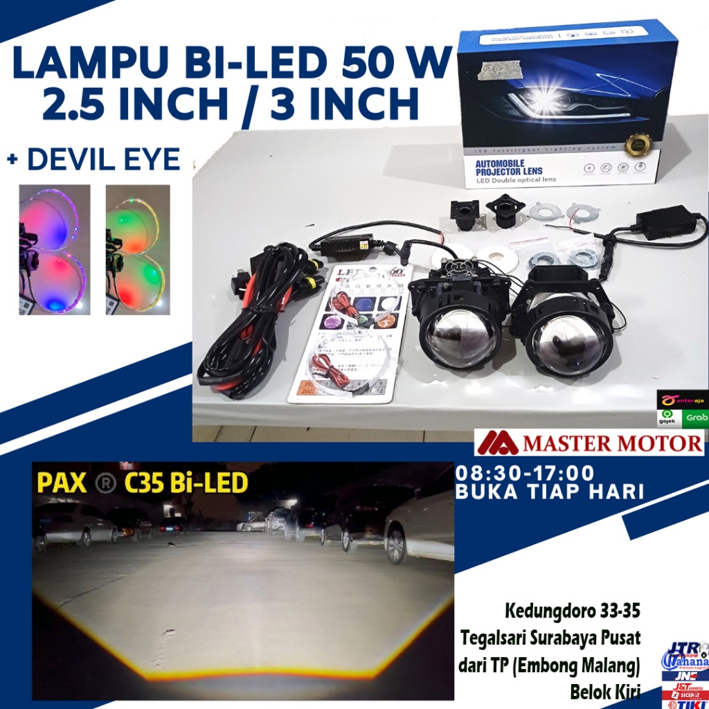 Lampu BiLed 3 inch / 2,5 inch 50 W putih LED Projector Projie + Led Devil eye Universal Mobil Lampu 