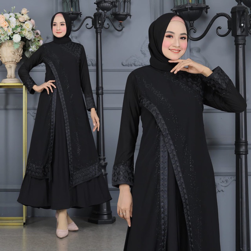 GAMIS ABAYA TURKEY BORDIR BELAH SAMPING FULL HITAM MEWAH TERLARIS DIVVSAA.COLLECTION-Melati Full Hitam