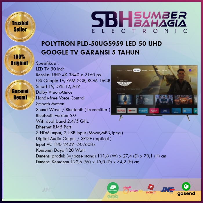 POLYTRON PLD-50UG5959 LED 50 UHD GOOGLE TV GARANSI 5 TAHUN (NEW) (KHUSUS BANDUNG)