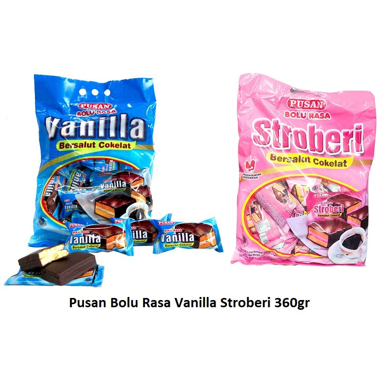 

Pusan Bolu Rasa Vanilla Strawberry Bersalut Coklat 360gr Isi 20pcs