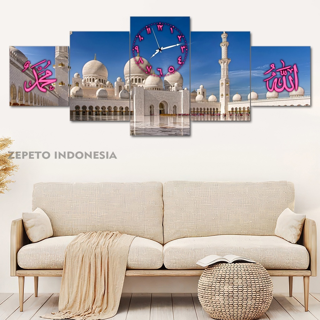 Jam Dinding Makkah Madinah 100X40 Multipanel | Pajangan Jam Dinding Muslim Kakbah Makkah | Jam Dindi