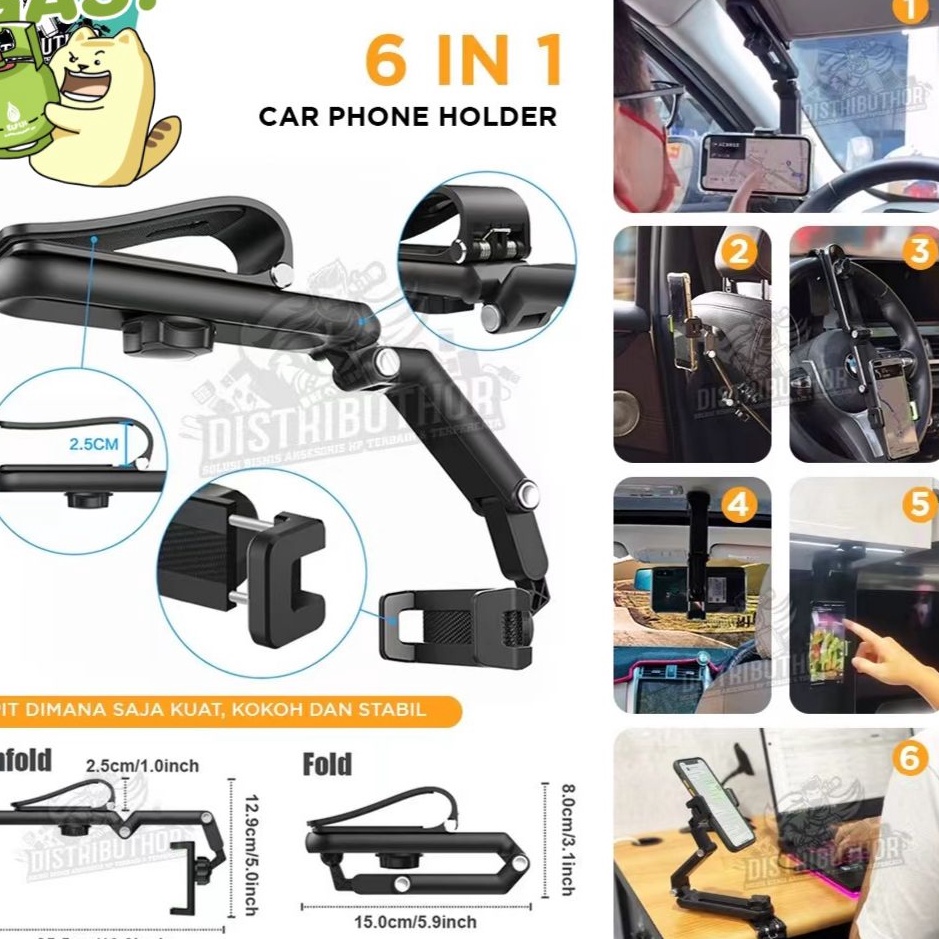 Ready Car Phone Holder Jepit Mobil 6 in 1 HD58 HD58 stand Handphone penyangga Hp tongsis selfie  Hol